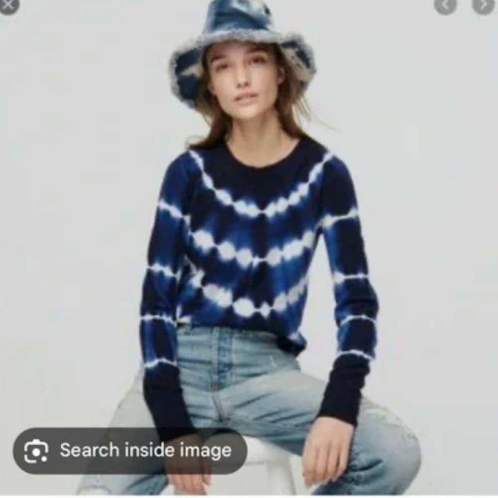 J. Crew Women's 100% Cashmere Blue/White Batik Tie Dye Crewneck Sweater Large